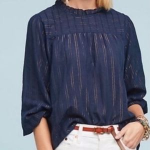 Maeve Anthropologie Navy Boho Top with Gold Metallic Threading.